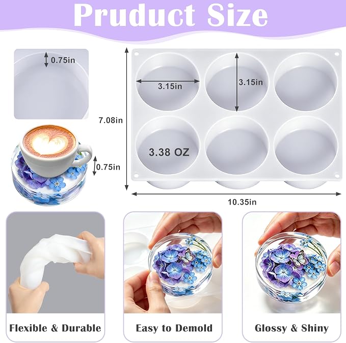 YOILES Deep Coaster Resin Molds Silicone,Epoxy Resin Molds | Round Silicone Molds for Resin Casting Craft Mold for Flower Preservation DIY Art(Round)