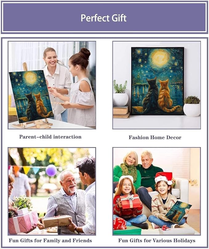 Cat Paint by Numbers for Adults with Easel, Framed Painting by Numbers kit on Canvas for Beginners, Starry Night Oil Painting Set Craft Supplies, 3 Paintbrushes and Acrylic Paint 12x16 Inch