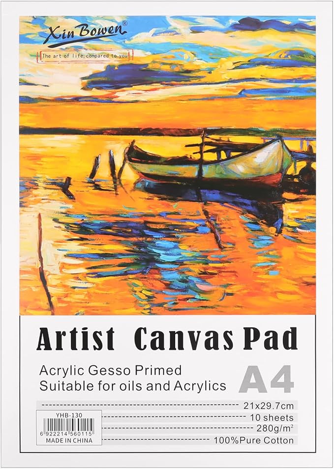 Canvas Pad for Painting, 10 Sheets of 11.69"x8.66" Pure Cotton Canvas, A4 Size, White, Pre-Primed for Instant Use