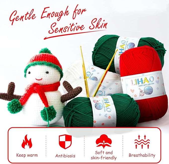 LIHAO 6 Skeins Yarn for Knitting Christmas Themed Red Green White Yarn for DIY Xmas Crochet Crafts - 100% Acrylic (50g/Skein)