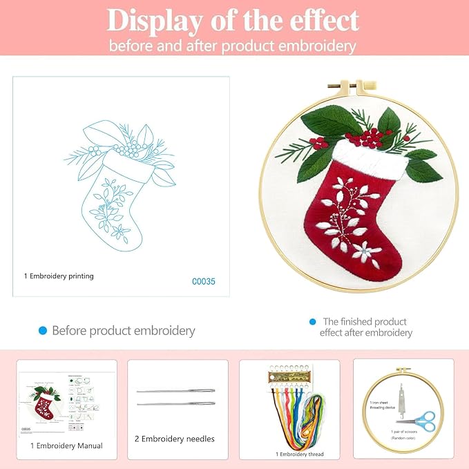 Zhenqing Christmas Stocking Embroidery Kit for Beginners, Red Stocking Needlework Kit with Pre-Printed Fabric, Hoop, Threads & Tools (C0035)
