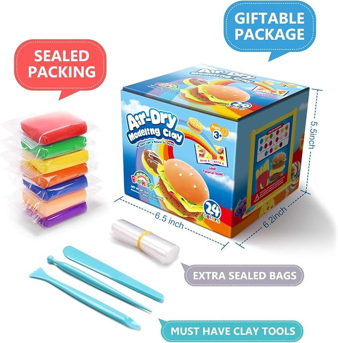 Sago Brothers 24 Colors Air Dry Clay for Kids with 3 Tools & Tutorial Book | Modeling Clay Kit Toys, No-Bake No Mess Magic Clay Crafts, Christmas Birthday Gifts for Kids Girls Boys