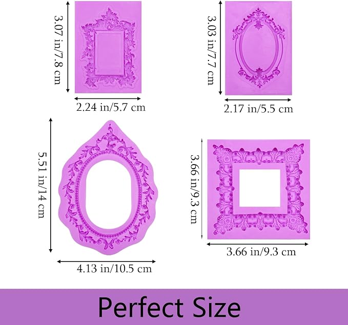 Silicone Picture Frame Molds, Vintage Ornate Baroque Fondant Molds, for Resin Casting and Chocolate Cake Decoration Set of 4