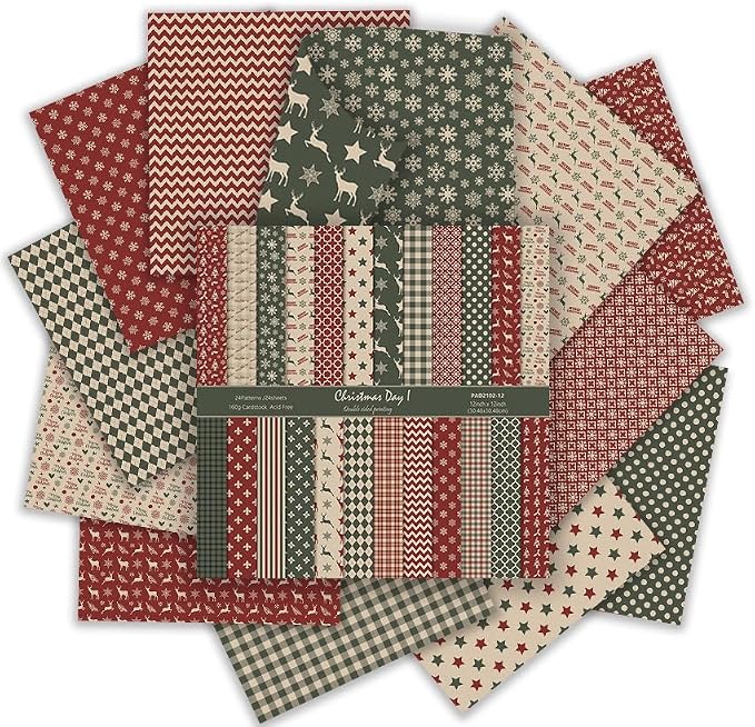 Christmas Scrapbook Paper Vintage Grid Patterned Paper Pad 12×12,24 Sheets Double-Sided Bobo Floral Scrapbooking CardStock Papers Pad for Holiday Cardmaking DIY Origami Papers.
