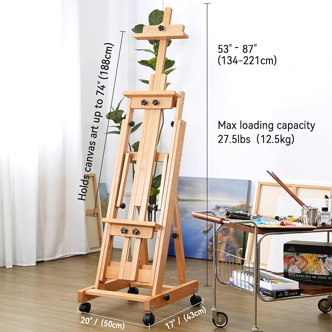 PHOENIX Versatile Studio H-Frame Easel Solid Beech Wood Artist Stand with Locking Caster Wheels- Adjustable Angle & Height – Heavy Duty Large Canvas Holder with Storage Tray for Professional Artists