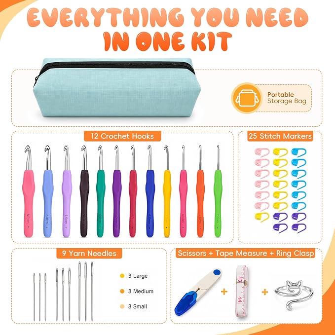 Crochet Hooks 12 Sizes Crochet Hook Set, 50 Pack Yarn Crochet Kit for Beginners, Knitting Needles with Ergonomic Handles for Arthritic Hands, Crochet Needle Kit with Blue Case for Crocheters