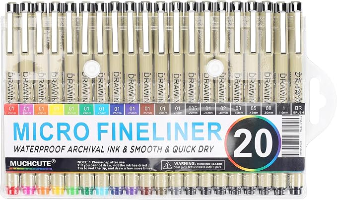 Muchcute Micro Fineliner Drawing Art Pens: 20 Set (12 Colors 01 & 8 Black) | Waterproof Archival Ink 0.25mm Colored No Bleed Bible,Extra Fine Line Artist Supplies Sketch Anime Manga Watercolor Zentangle