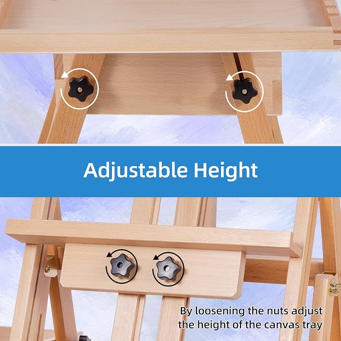 Falling in Art Large Horizontal Wooden Painting Easel, Holds up to 50'' | H-Frame Studio Easel Stand with Storage Drawer and Palettes, Suitable for Adults, Beginners, and Artists