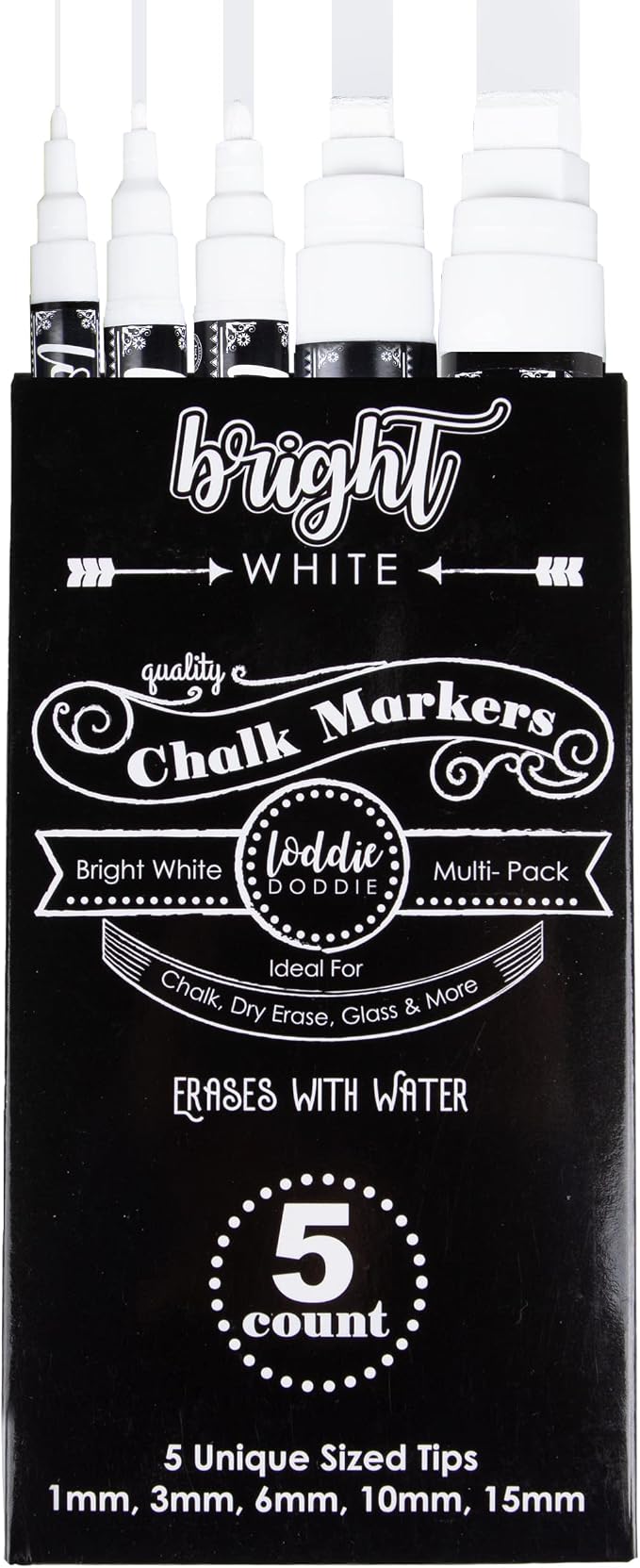 Loddie Doddie Chalk Markers, 1-15mm Tips, Windows & Glass, White, 5 Pack | 1-15mm Tips for Fine Detail & Bold Strokes, Works on Blackboard, Mirror & Whiteboard, White Chalk Pen, Wipes Clean with Water