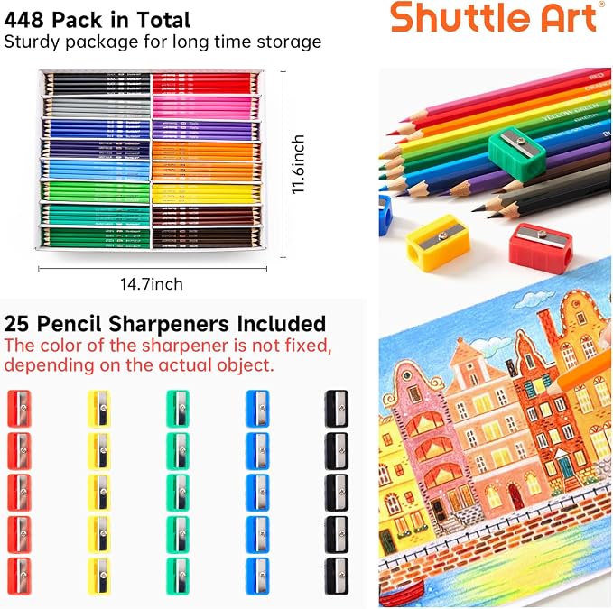 Shuttle Art 448 PCS Colored Pencils Bulk, 16 Colors, Pre-sharpened for Kids | Vibrant Colors, Break-Resistant, Bulk Pack Back to School Supplies for Teachers, Students, Classrooms