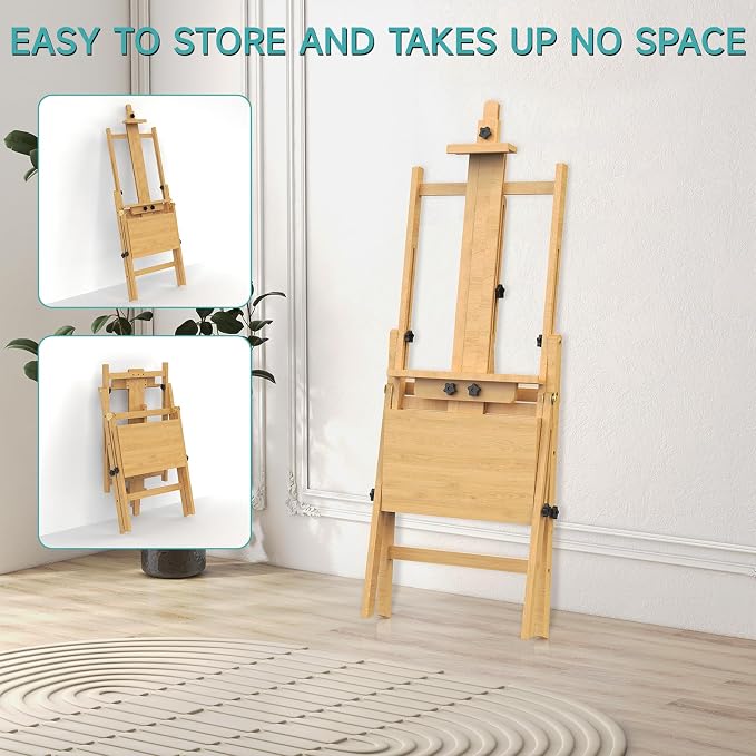Solid Beech Wood H-Frame Easel with 2 Palette and Storage | Professional Foldable Studio Art Easel Stand with Signature Box for Adults, Holds Canvas Art up to 48"