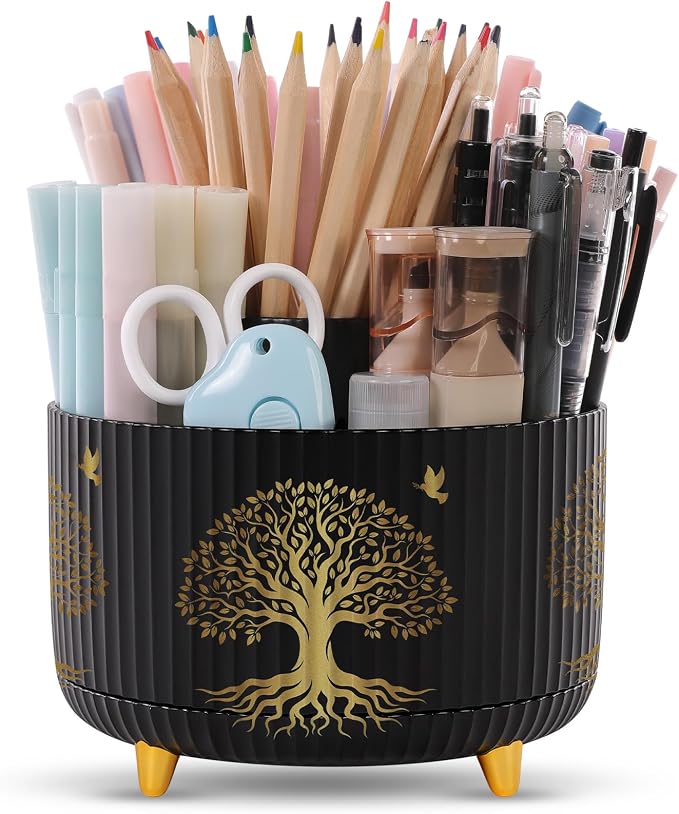 SKYDUE 360 Degree Rotating Pen Holder for Desk with 5 Slots,Tree of Life | Pen Organizer with 5 Slots, Office Supplies, Desk Organizer, Art Supply Pencil Cup for Office, School, Home