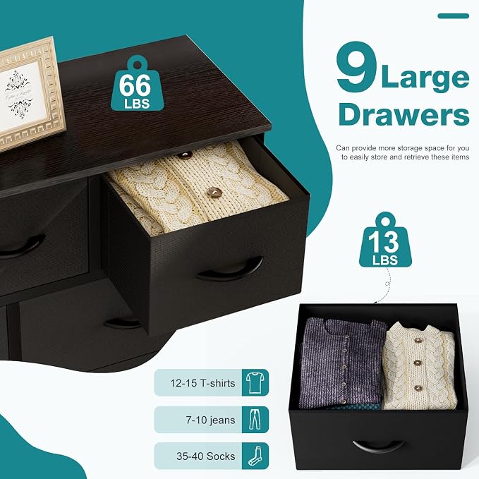 OLIXIS 9 Drawer Black Dresser for Bedroom, Closet Organizer Storage Tower