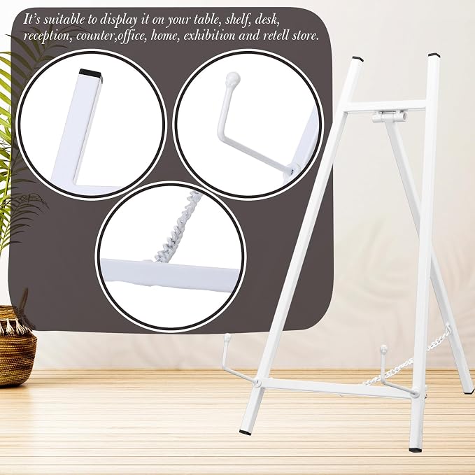 Leinuosen 1 Pcs Metal Easel Stand 16.5" H x 8.7" W x 4.3" D Table Top Easel Stand for Display Tripod Art Picture Mirror Modern Plate Holder for Display Book Photo Wedding Sign (White)