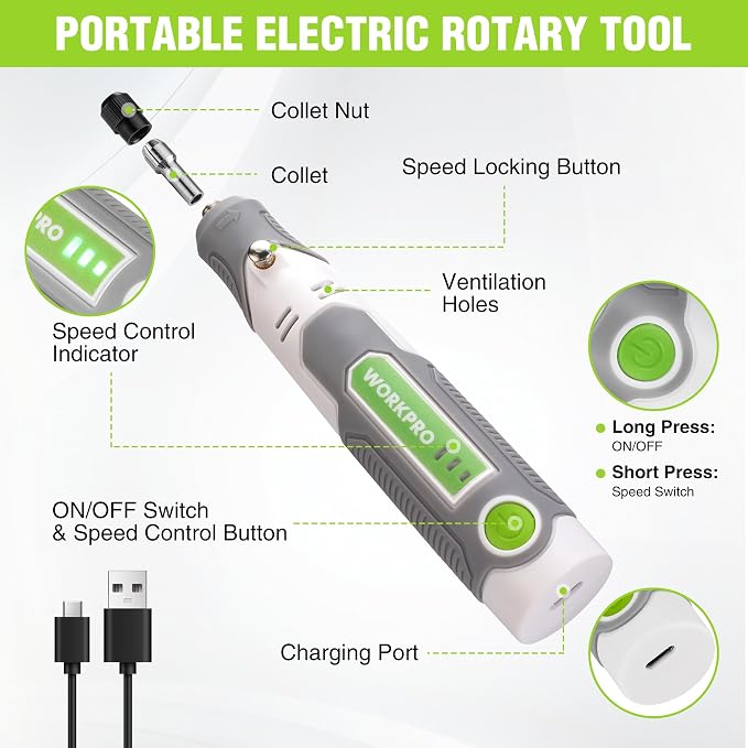 WORKPRO Mini Rotary Tool Kit, 3-Speed DIY Engraving, Carving & Cutting | Cordless Rotary, 71PC Accessories, Lightweight Handling, Comfortable Rubber Grip, USB-C Rechargable