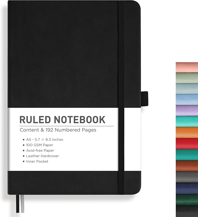 RETTACY Lined Journal Notebook, 192 Numbered Pages, A5 Size (5.7'' x 8.3'') | Leather Hardcover, 100 GSM Thick Paper, for Men & Women, Journaling, Writing, Work & Office (Black)