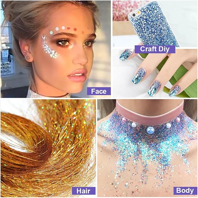 12 Assorted Colors 3mm Holographic Extra Chunky Hexagon Glitter for Craft, Epoxy Resin,Extra Chunky Laser Sequin Glitter for Body and Nail Art