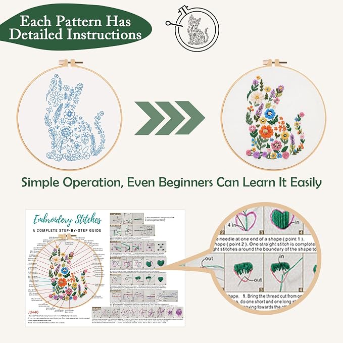 Nuberlic 3 Pack Embroidery Kit for Beginners with Animal Floral Patterm