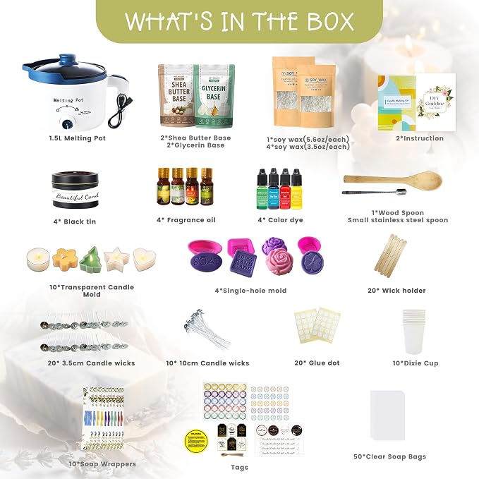 PIUH Basic 2-in-1 Candle & Soap Making Supplies Kit with Wax/Soap Melter | DIY Candle & Soap Kit for Craft Starter with Soy wax, Soap Base, Molds and Supplies for Making Handmade Gifts