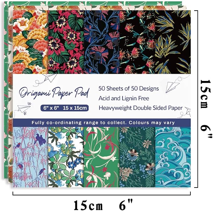 Origami Paper 50 Sheets,6-Inch Square Double Sided Colored Craft Paper | 70GSM Colorful Paper,50 Vivid Pattern Origami Kit,DIY Hand Crafts,Arts Creativity,Easy to Fold,No-Fading.Flowers