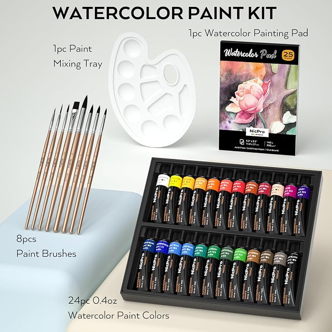 Nicpro Watercolor Paint Set for Adults, 24 Colors Watercolor Tube Set | 12ml/0.4oz Tube with 25 Watercolor Paper Book, 8 Squirrel Paint Brushes, Palettes, Water Color Painting Supplies for Artists