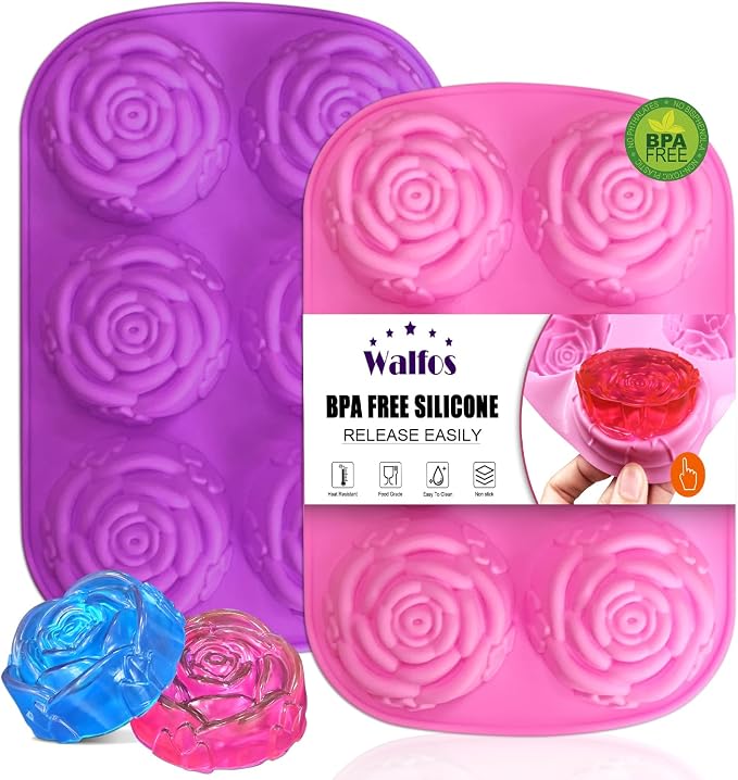 Walfos Rose Ice Cube Mold 2.8 Inch,Soap Mold, Make 12 Cute Flower Shape Ice. BPA Free and Dishwasher Safe.Release Easily.Perfect for Soap Cocktails Juice Whiskey Jelly Chocolate etc.(Set of 2 Pink)