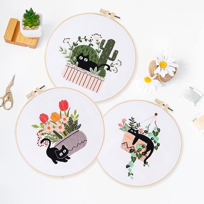 LB Cat Embroidery Kit for Beginners Adults, 3 Sets Hand Embroidery Starter Kit with Cactus Floral Pattern and Instructions Stamped Cross Stitch Kits Include Embroidery Hoop Needles Threads Scissors