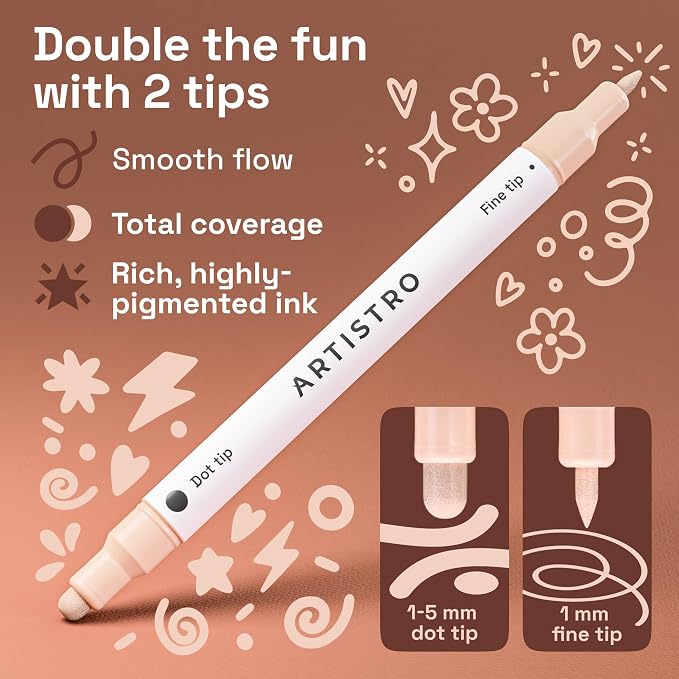 ARTISTRO Skin Tones Dual-Tip Acrylic Paint Marker Pens - Set of 5 | For Fabric, Rock, Glass, Wood, & Coloring Books, Arts & Crafts Gift, Classroom Must Haves & School Supplies (Dot & Fine Tips)