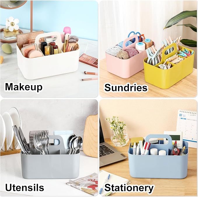 Multiuse Caddy Organizer with Handle, Portable Divided Plastic Tote Bin - Art Craft, Stationary Pen Marker Crayons, Makeup Hair Supplies Storage - Bathroom, Classroom, Dorm, Office, Desk Holder - Grey