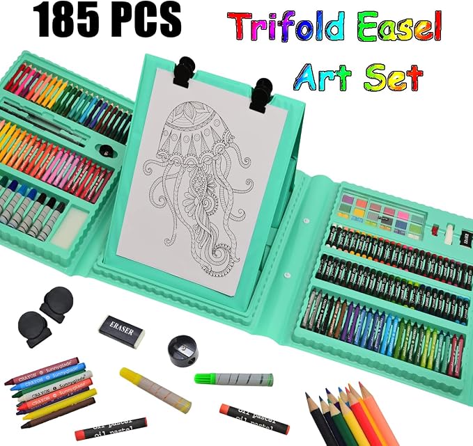 Sunnyglade 185 Pieces Double Sided Trifold Easel Art Set Art Supplies Green | Art Kit Drawing Art Box with Oil Pastels, Crayons, Colored Pencils, Markers, Paint Brush, Watercolor Cakes, Sketch Pad