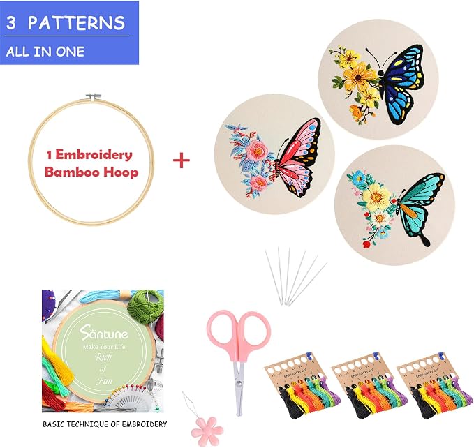Santune 3 Pack Embroidery Kit for Beginners Adults Cross Stitch Kits with Butterfly Patterns and Instructions,DIY Hand Crafts with 1 Hoop,Threads and 6 Needles