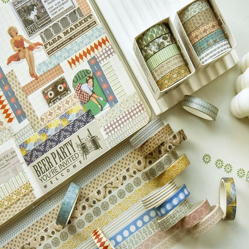 YUBBAEX 40 Rolls Basic Washi Tape Set Cute Printed Patterns Masking Skinny Creative Decorative Tapes for Arts, DIY Crafts, Journals, Planners, Scrapbook, Wrapping (Decorism 1)