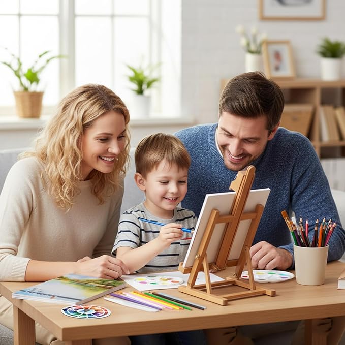 Falling in Art Kids Tabletop Easel Set, Portable Art Easel Painting Kits | 52 Pcs Wooden Easel for Painting Canvases, Including 12 Colors Acrylic Paints, 10 Paintbrushes and 4 Canvas Panels, Yellow