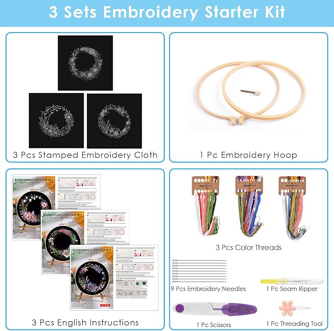 ERKOON 3 Sets Embroidery Kit, Floral Cross Stitch Set for Include Embroidery Cloth Hoops Threads for Craft Lover Hand Stitch (Garlands)