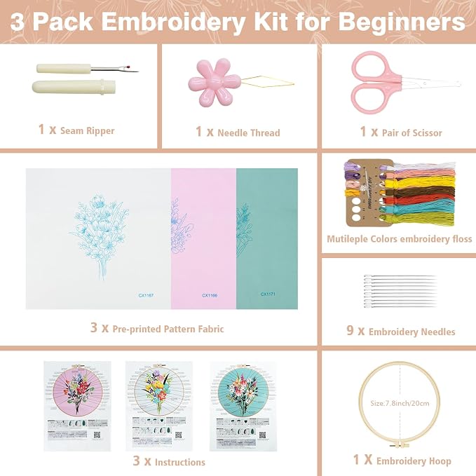 RidaaFri 3 Pack Embroidery Kit for Beginners, Flower DIY Adults Starter Kit | Easy to Learn Floral Embroidery Patterns Hand Practice Set with Video Instructions Hoop Needles Floss, Gift for Craft Lover