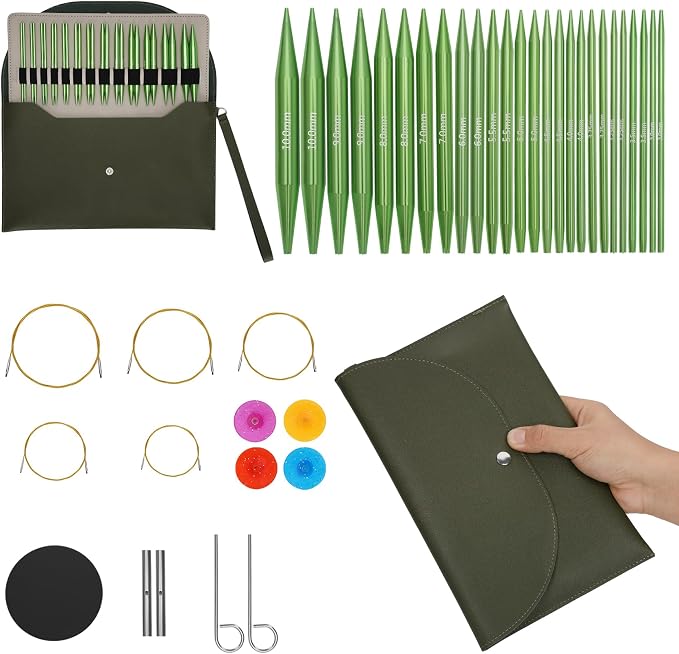 BeesMith 4-inch Circular Knitting Needle Set, 13 Pairs of Interchangeable Aluminum Knitting Needles 3mm-10mm with 5 Cables, Accessories & Green Case. Suitable for Various Smooth Knitting Projects