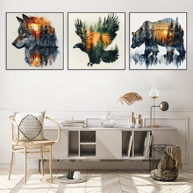 3 Pack Framed Paint by Numbers for Adult with Easel Wild Animals (8x8in) | Wolf Bear Eagle Paint by Number on Canvas Oil Painting Kit with Brushes, Easy Adults' Paint-by-Number Kits for Home Decor
