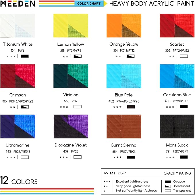 MEEDEN Heavy Body Acrylic Paint: Satin Finish 12 x 60ml (2 oz) Tubes Set | Basic Paint Color Set for Adults, Rich Pigment Halloween Art Craft Paints for Fabric Rock Canvases Pumpkin Painting