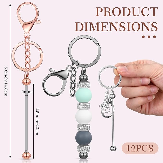 Tondiamo 12 Pcs Beadable Keychains Bars Bulk Blank Beaded Metal Keychain for Craft DIY Gift