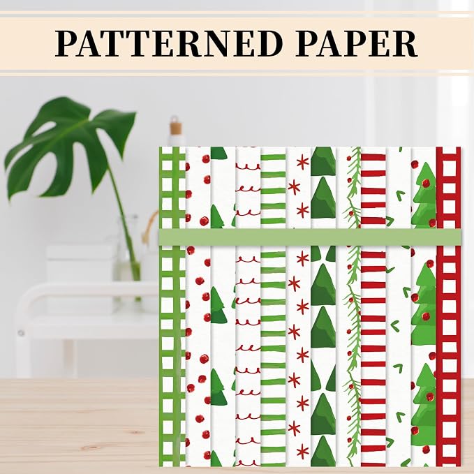 JarThenaAMCS 24 Sheets Christmas Pattern Paper Watercolor Xmas Tree Stripe Scrapbook Specialty Paper Double Sided Red Green Art Papers for DIY Crafts Supplies, 6 x 6 Inch