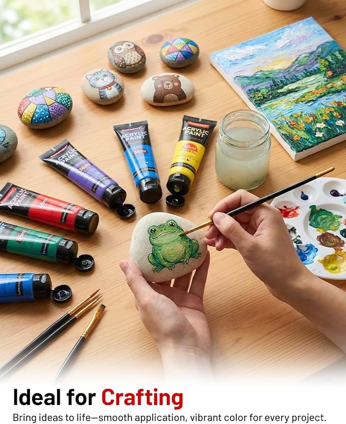 Fantastory 36ml 24 Colors Acrylic Paint Set with 10 Brushes | Excellent Coverage, High Light Fastness, Waterproof, Includes Extra White & Gold, for Canvas, Wood, Ceramics, Models