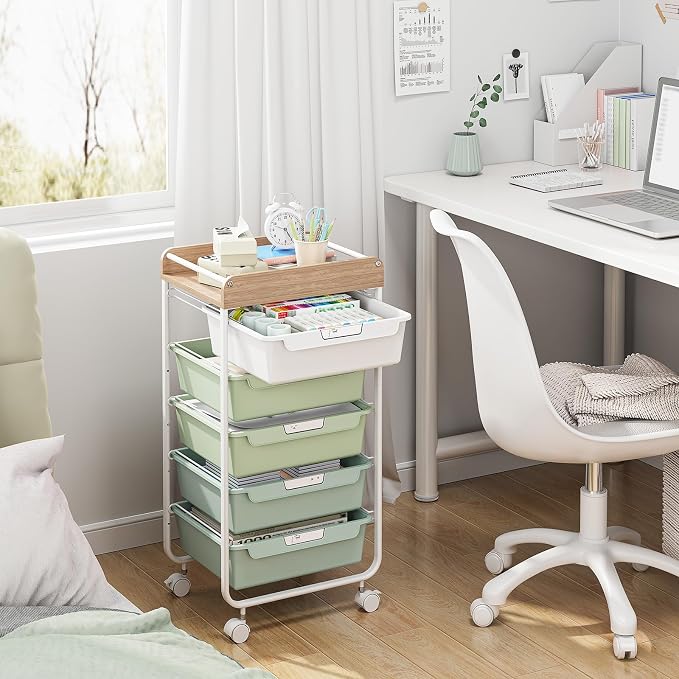 SYKIARIOL Utility Cart with Drawers,Craft Cart with 5 Drawers,Green | Art Supply Organizer,Rolling Drawer Cart,Craft Storage Cart,Storage Drawer Carts With DIY Lable and Wooden Tabletop Area