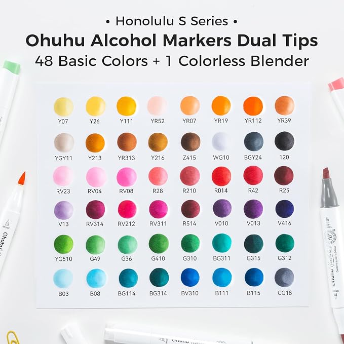 Ohuhu Alcohol Markers 48 Colors Brush& Soft Chisel for Adult Cozy Coloring | Dual Tips Drawing Markers for Artists Beginners Illustration Sketching, AP Certified Refillable Alcohol-based, Honolulu S