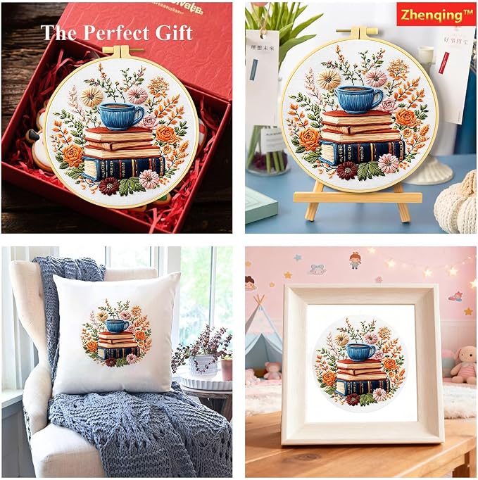 Zhenqing Book Lover Embroidery Kit for Beginners, Books Blooms & Tea Needlework Craft with Pre-Printed Cotton Fabric, Hoop, Threads & Tools, Reading Nook Decor (C0208)