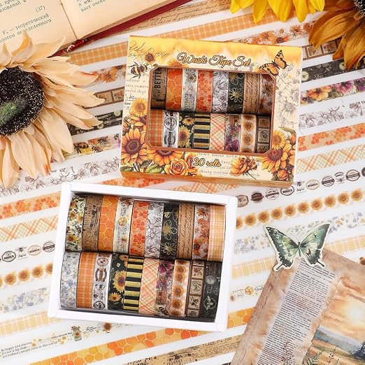 icceemee 20 Rolls Sunflower Theme Washi Tape Set with Different Colorful Patterns, Writable Decorative Tapes for Scrapbooking, Junk Journal Supplies, Bullet Journaling, 0.39'' x 79'' per Roll