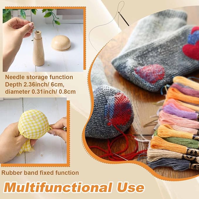Jexine Mini Darning Mushroom for Socks 21 Hooks Small Speedweve Style Weaving Darning Loom with 9 Pcs Large Eye Needles 50 Colors Thread for Handcraft DIY Weaving Repair Tool(Orange)