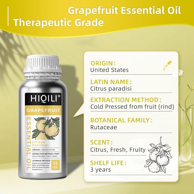 HIQILI Grapefruit Essential Oil for Skin Care, Diffuser & DIY