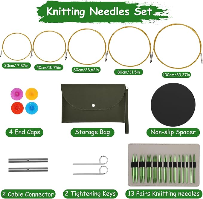 BeesMith 4-inch Circular Knitting Needle Set, 13 Pairs of Interchangeable Aluminum Knitting Needles 3mm-10mm with 5 Cables, Accessories & Green Case. Suitable for Various Smooth Knitting Projects