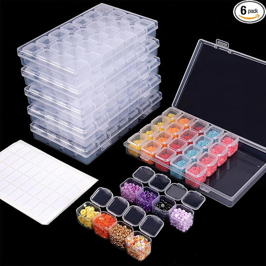 Diamond Painting Storage Boxes 6 Pack 28 Grid 168 Slots Bead Organizer | Clear Plastic, Divided Compartments, for Diamond Art Beads Jewelry and Craft Supplies, Portable Project Storage