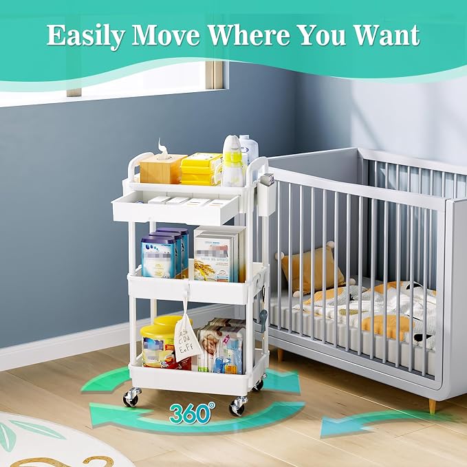 SUNALLY 3 Tier Rolling Cart with Drawer, Craft Storage Cart Organizer,White